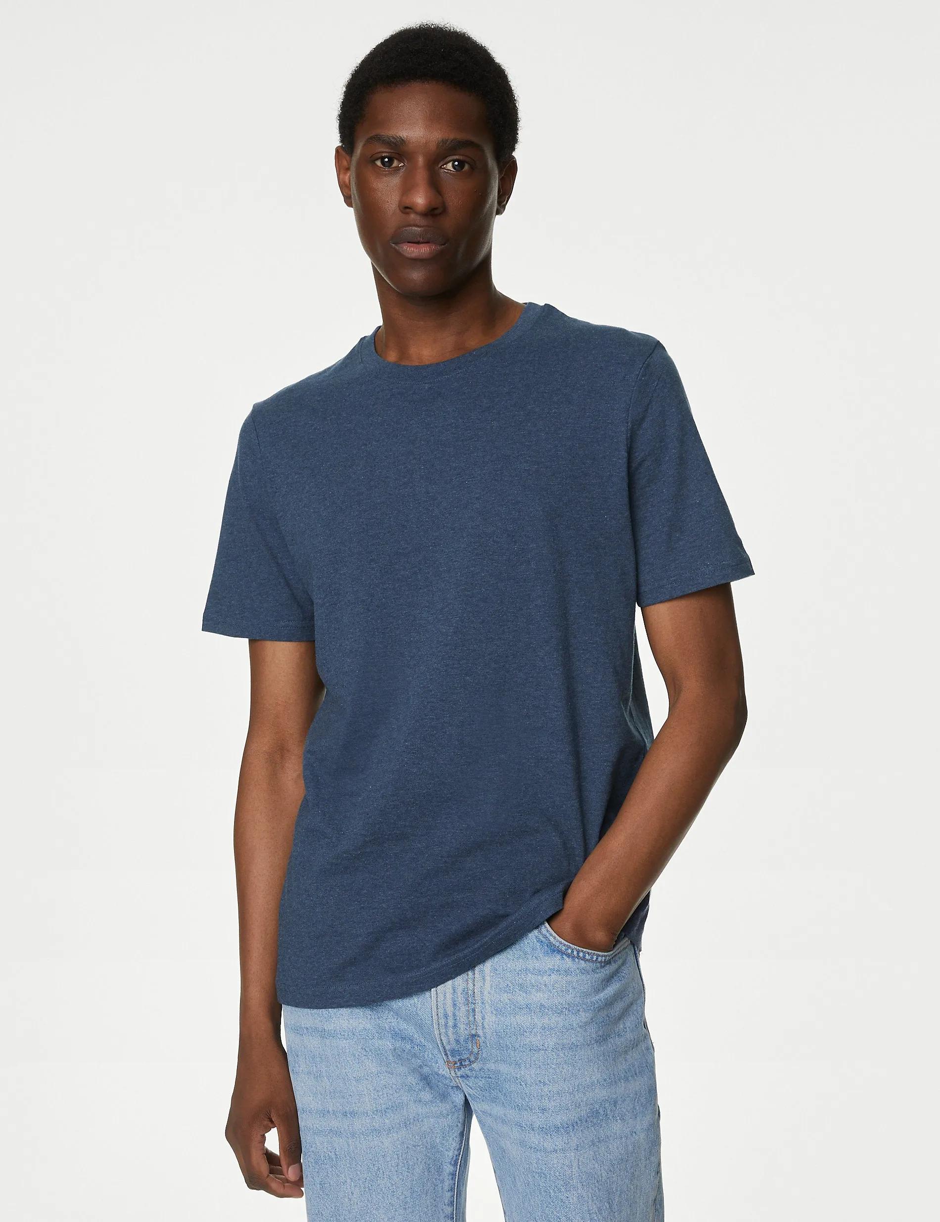 3 Pairs Marks & Spencer Pure Cotton Crew Neck T-Shirts, Denim Mix