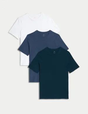 3 Pairs Marks & Spencer Pure Cotton Crew Neck T-Shirts, Denim Mix