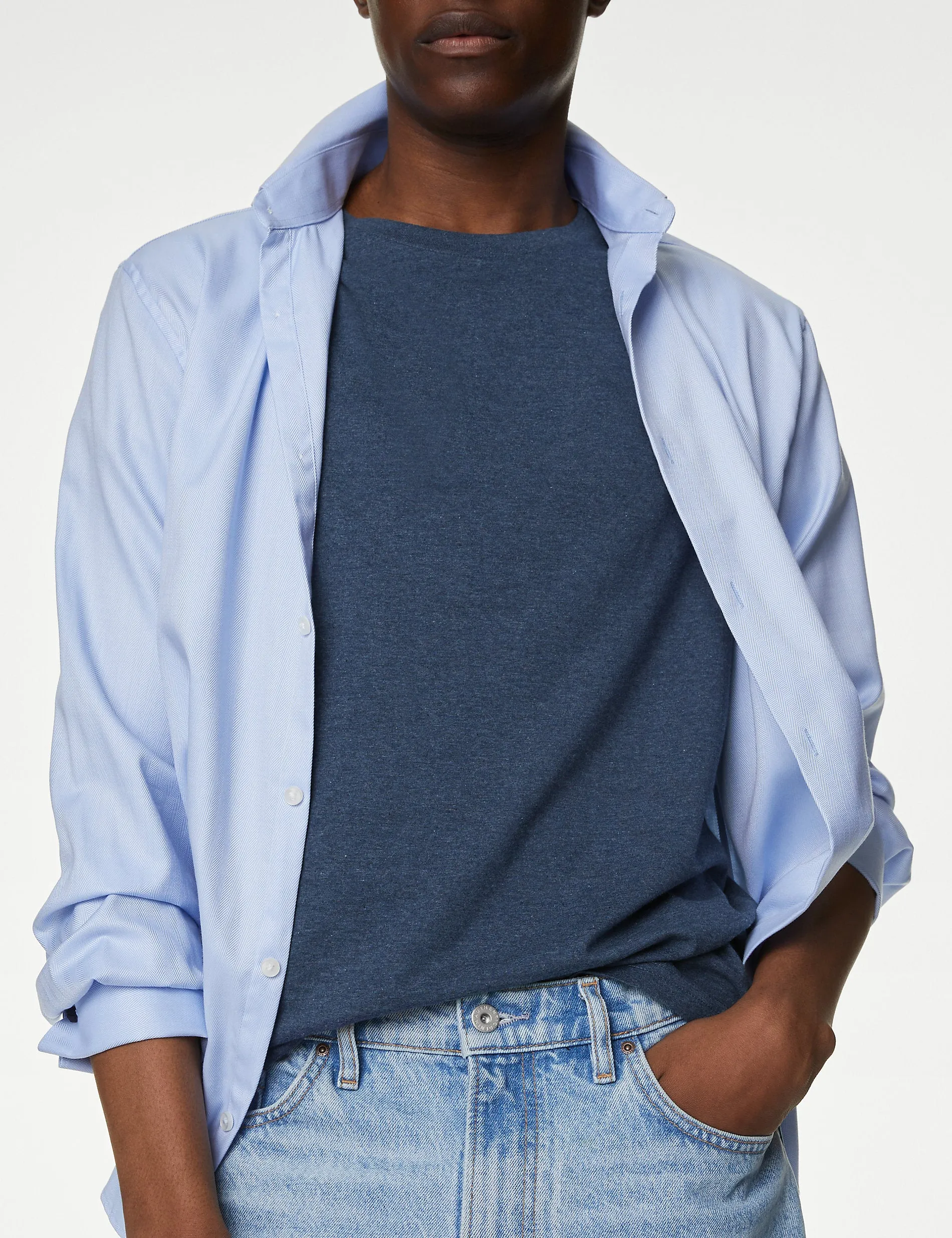 3 Pairs Marks & Spencer Pure Cotton Crew Neck T-Shirts, Denim Mix