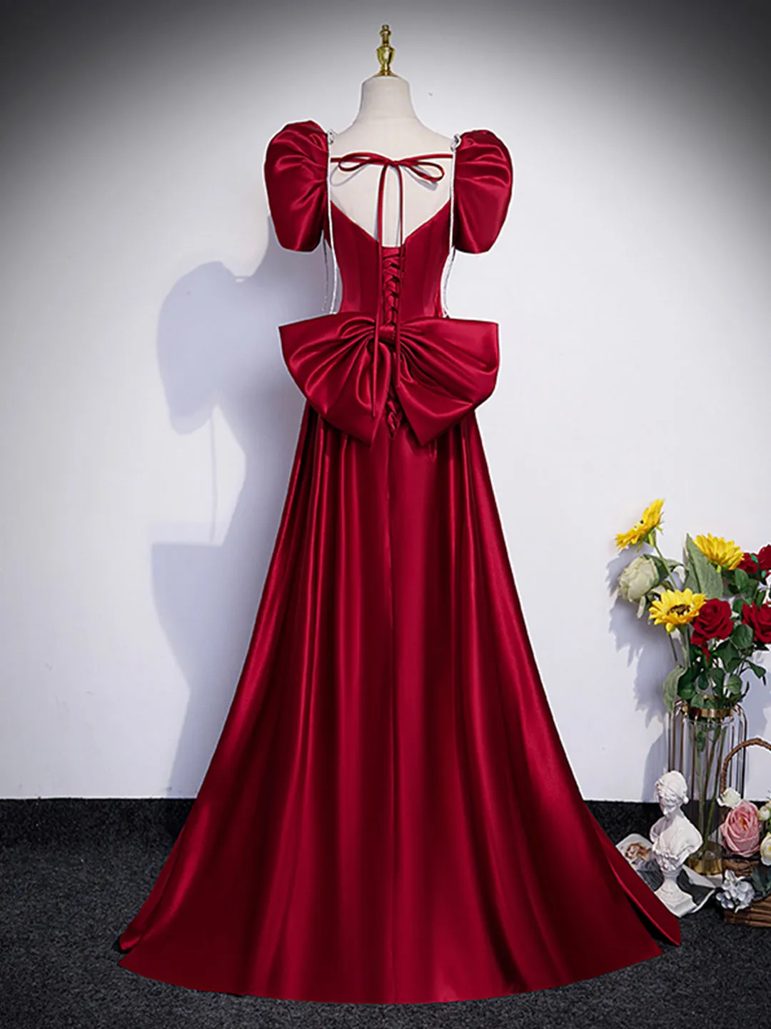 Beautiful Satin Floor Length Prom Dress with Bowknot Burgundy Short Sleeve Evening Dress