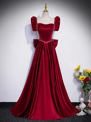 Beautiful Satin Floor Length Prom Dress with Bowknot Burgundy Short Sleeve Evening Dress