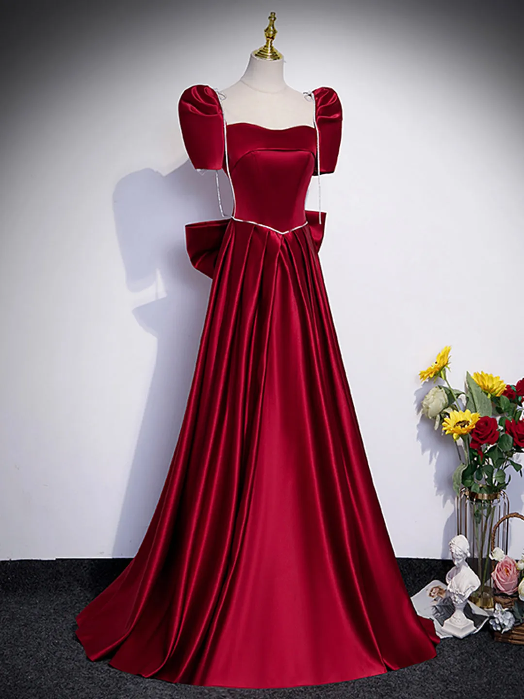Beautiful Satin Floor Length Prom Dress with Bowknot Burgundy Short Sleeve Evening Dress