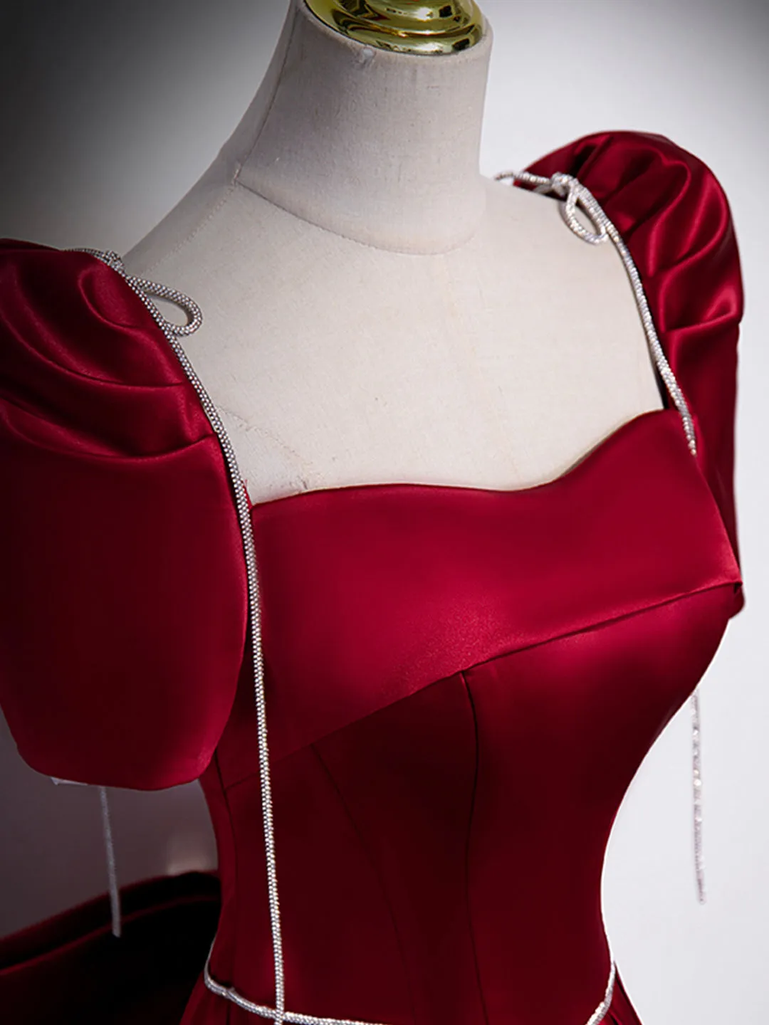 Beautiful Satin Floor Length Prom Dress with Bowknot Burgundy Short Sleeve Evening Dress