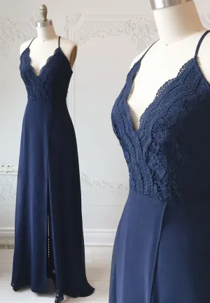Blue Chiffon Lace Long Prom Dress Blue A-Line Evening Dress