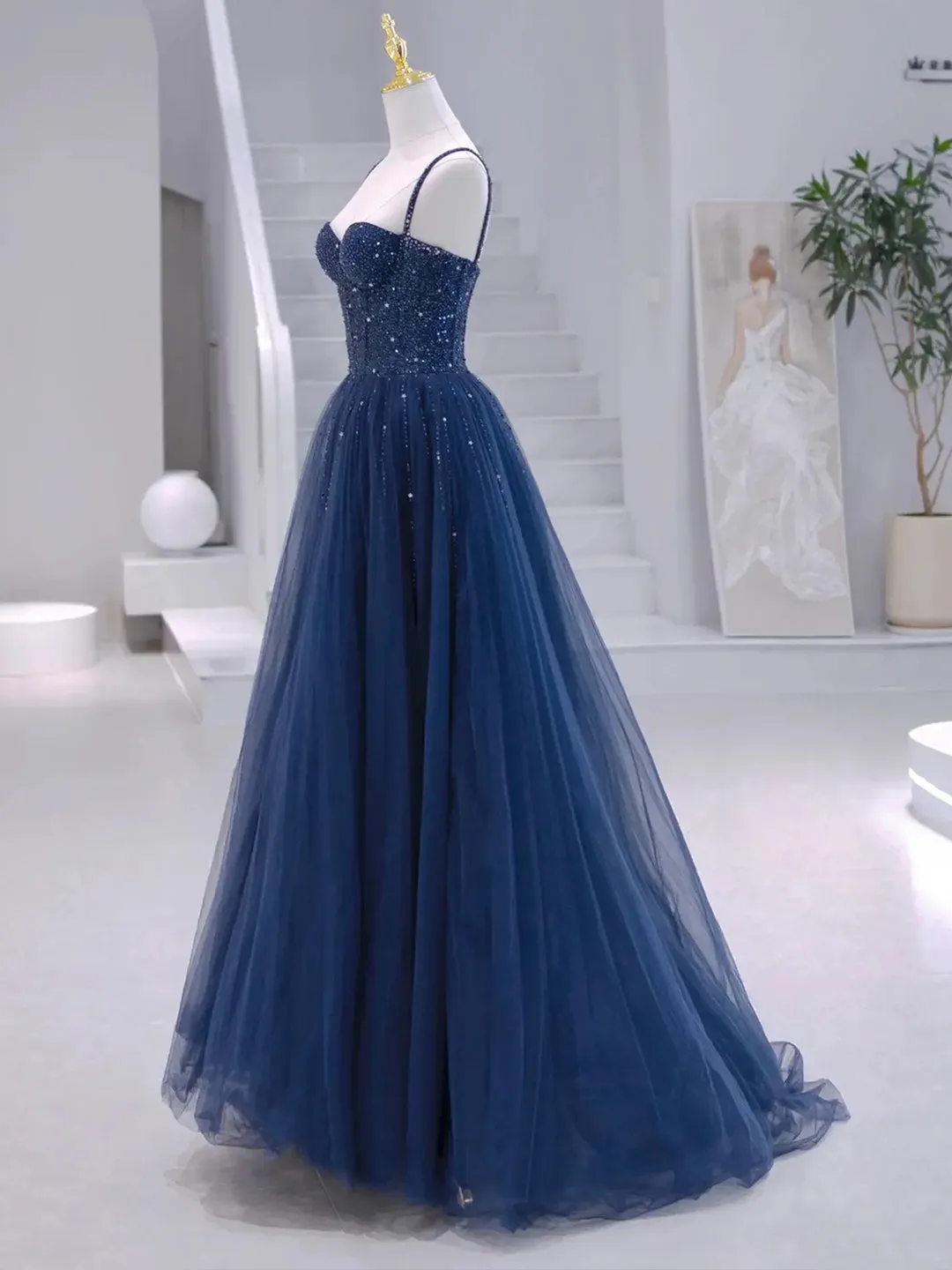 Blue Tulle Beaded Long Formal Dress Blue Evening Dress