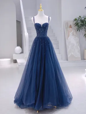 Blue Tulle Beaded Long Formal Dress Blue Evening Dress