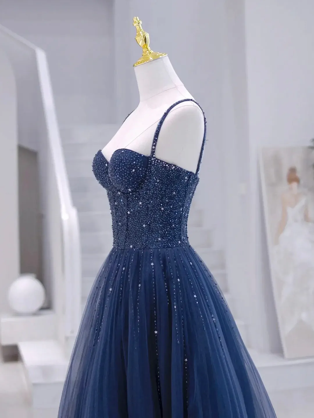 Blue Tulle Beaded Long Formal Dress Blue Evening Dress