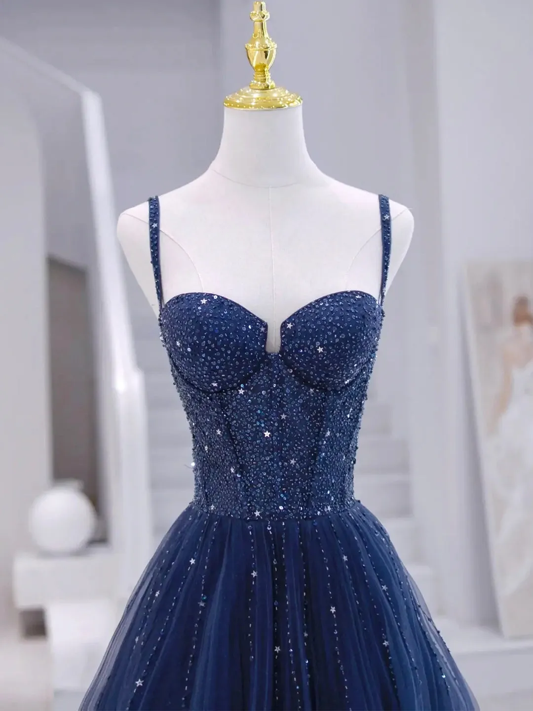 Blue Tulle Beaded Long Formal Dress Blue Evening Dress