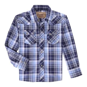 Boys Wrangler Retro Navy/Light Blue/White Plaid Western Snap Shirt