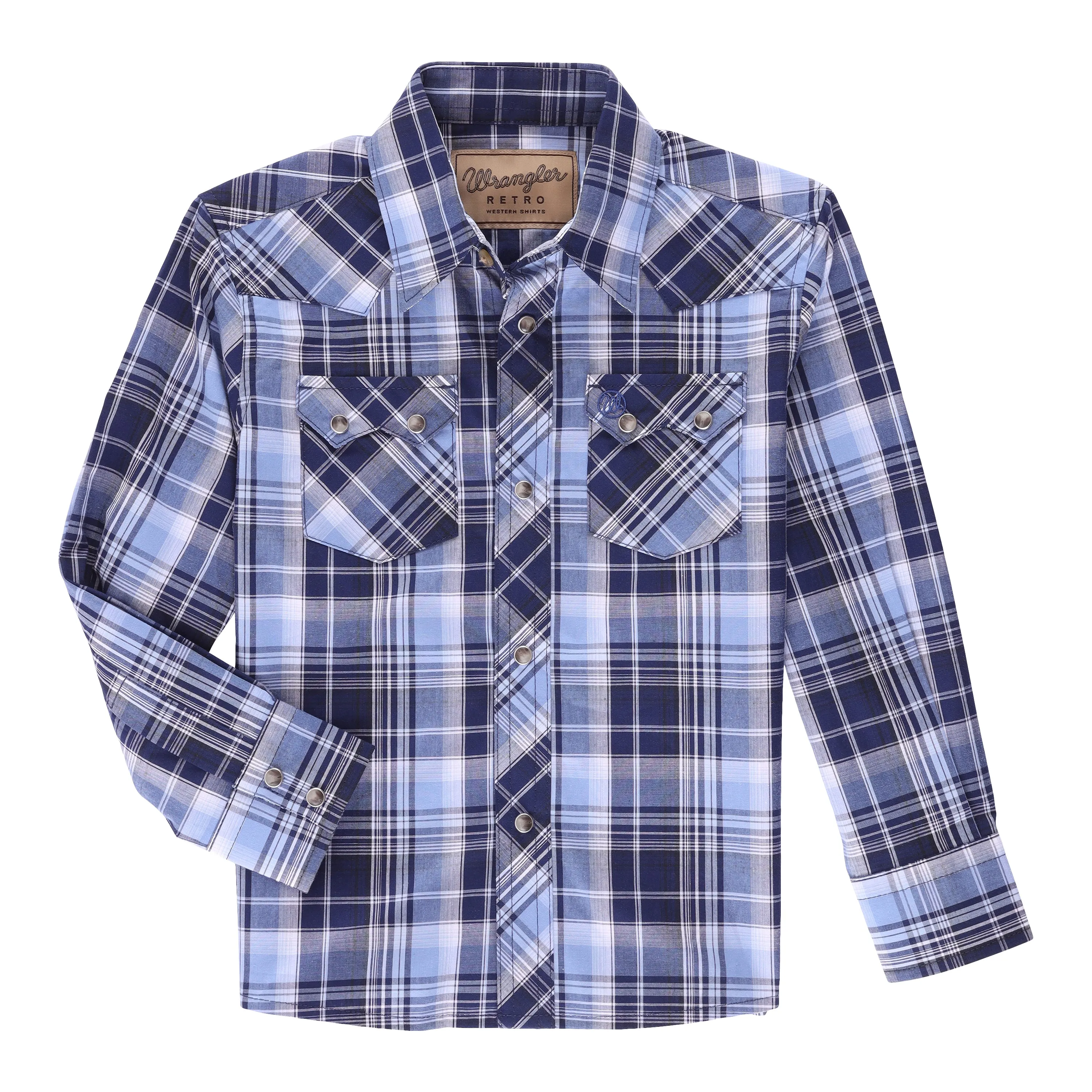 Boys Wrangler Retro Navy/Light Blue/White Plaid Western Snap Shirt