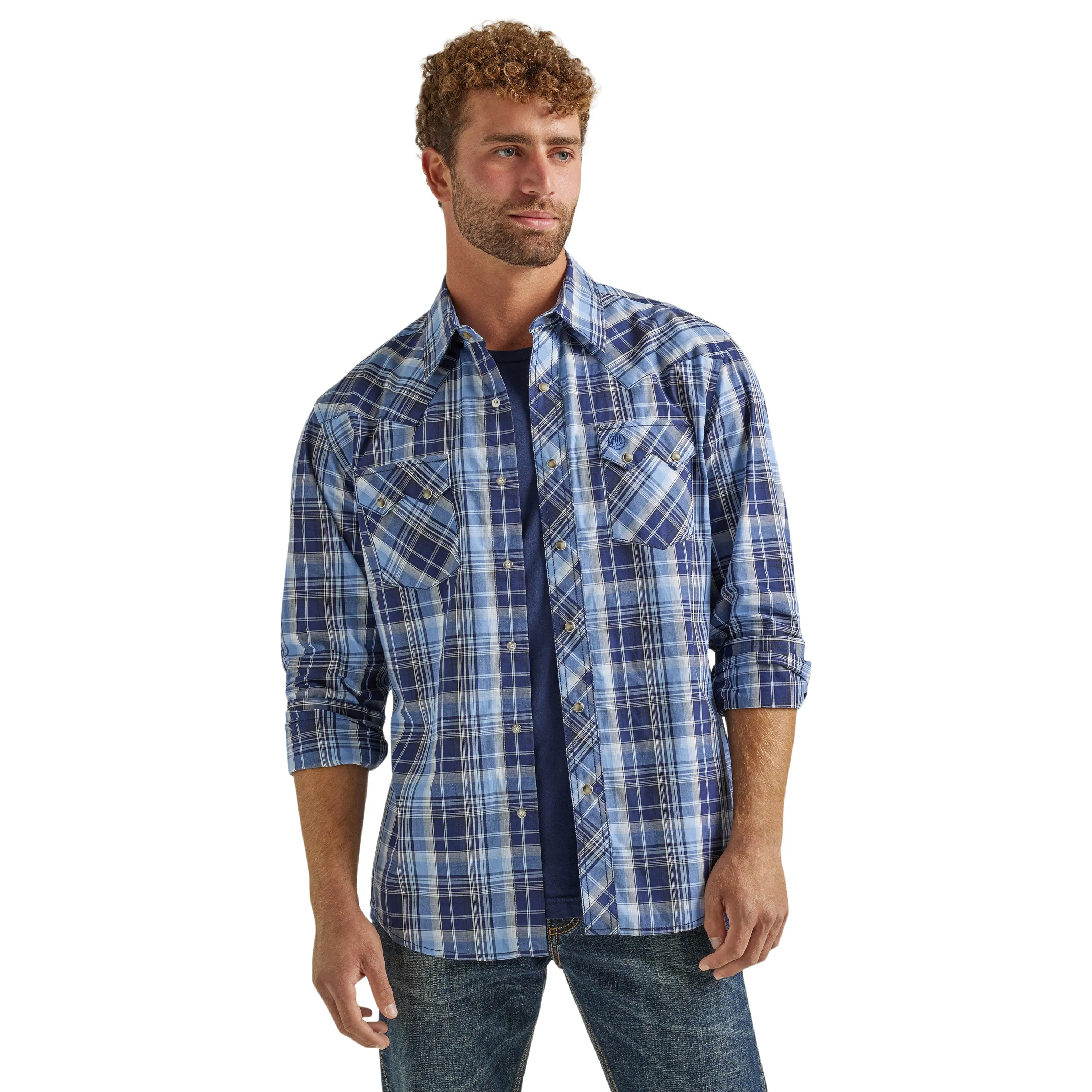 Boys Wrangler Retro Navy/Light Blue/White Plaid Western Snap Shirt