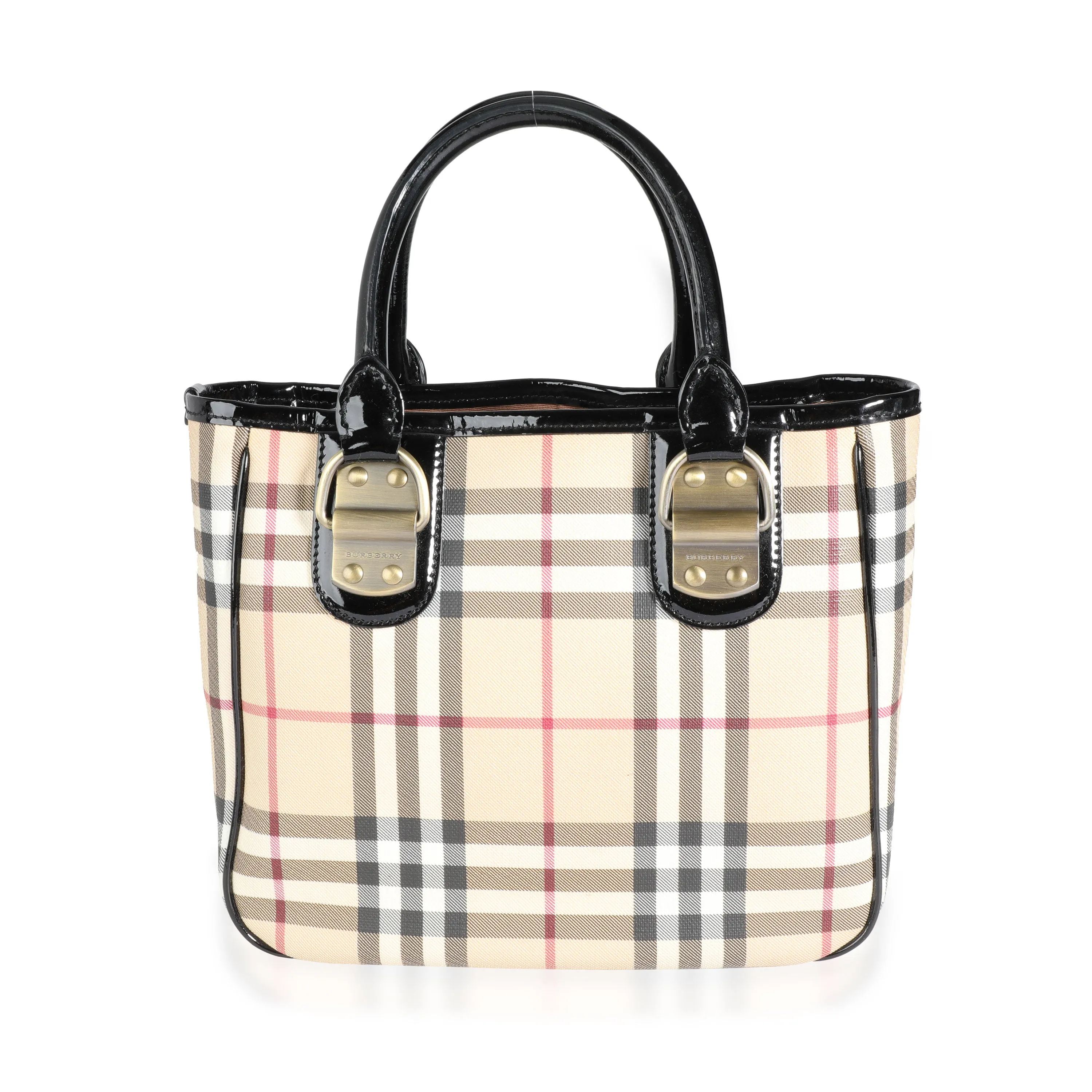 Burberry Nova Check & Black Patent Leather Accented Top Handle Tote