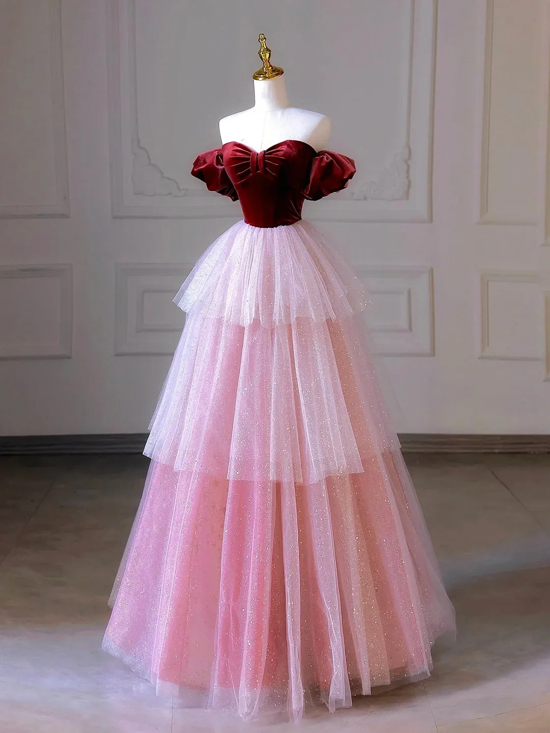 Burgundy Velvet and Layers Tulle Long Prom Dress Off the Shoulder A-Line Evening Party Dress