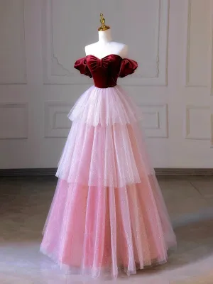 Burgundy Velvet and Layers Tulle Long Prom Dress Off the Shoulder A-Line Evening Party Dress