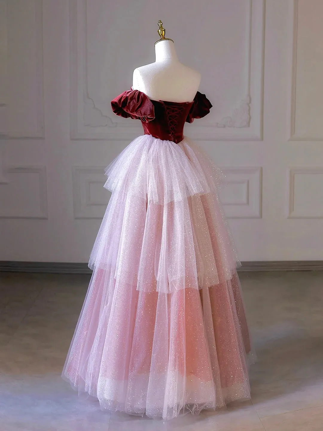 Burgundy Velvet and Layers Tulle Long Prom Dress Off the Shoulder A-Line Evening Party Dress