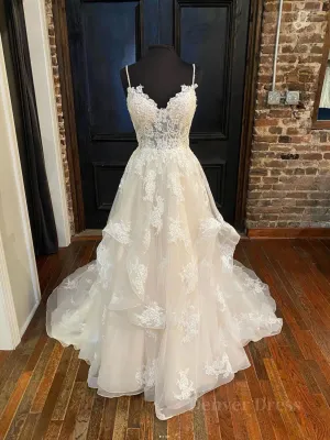 Champagne v neck tulle lace long prom dress champagne lace evening dress