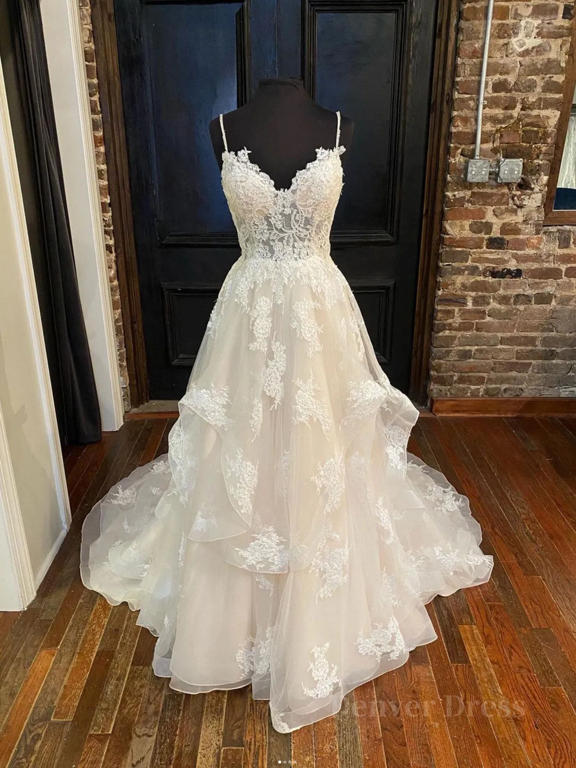 Champagne v neck tulle lace long prom dress champagne lace evening dress