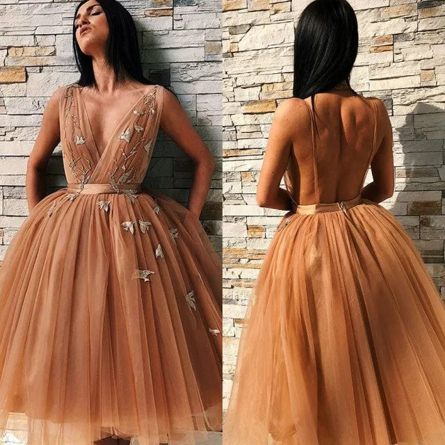 Chic V-Neck Sleeveless Homecoming Dresses | Tulle Short Prom Gowns BC0691