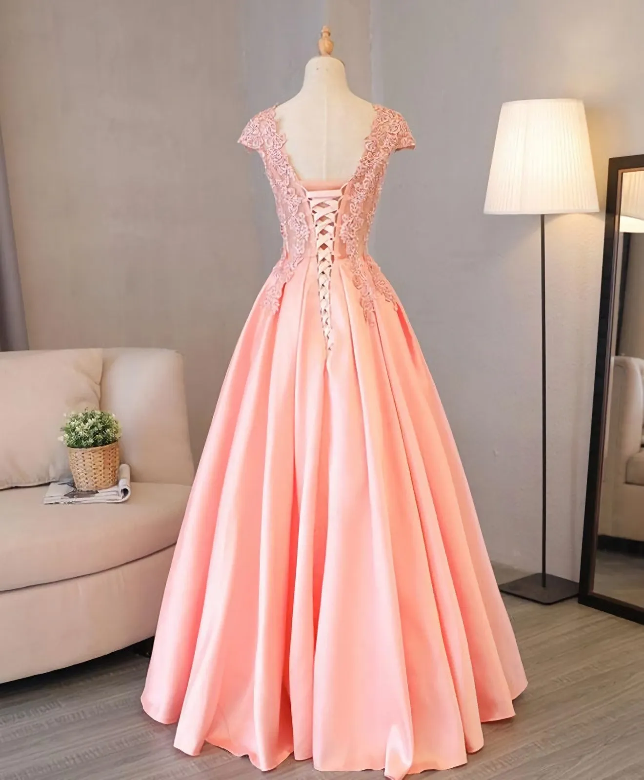 Custom Made V Neck Lace Long Prom Dress, Lace Evening Dress