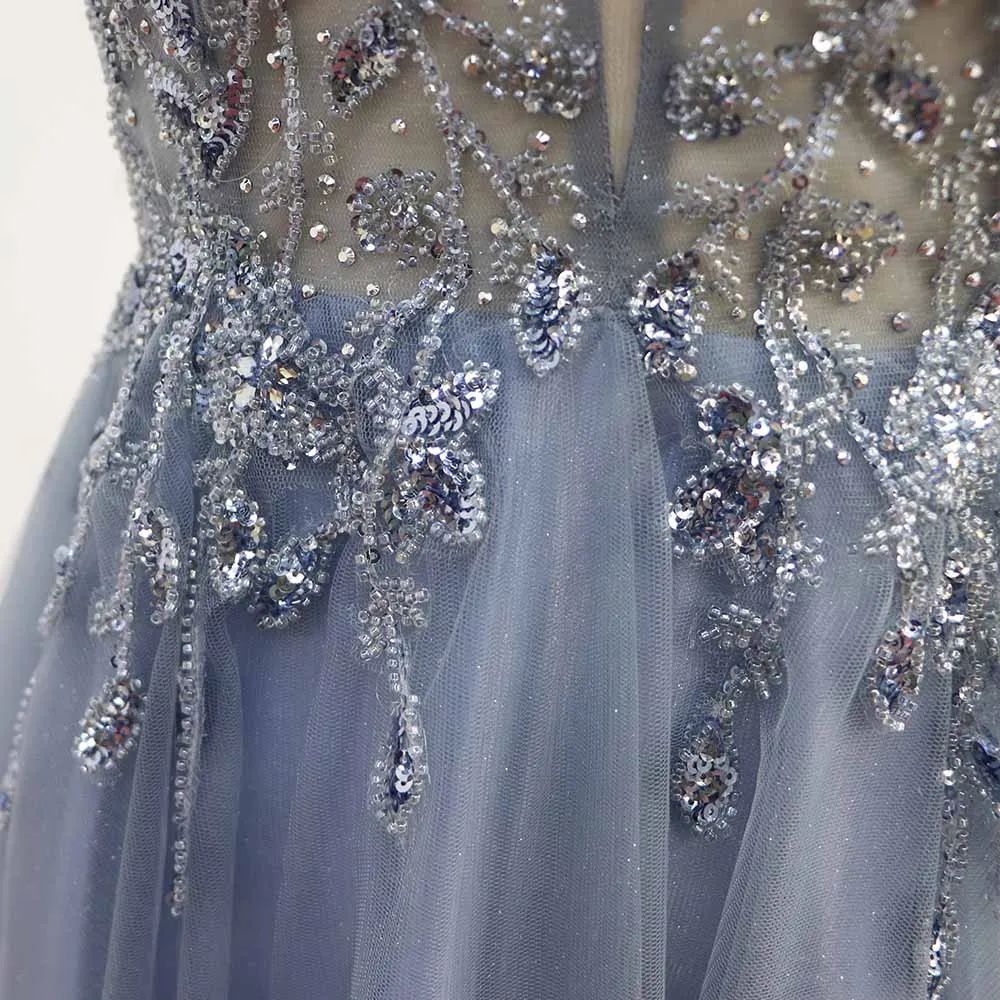 Deep V-Neck Tulle Crystal Formal Gown with Sequin Embellishments