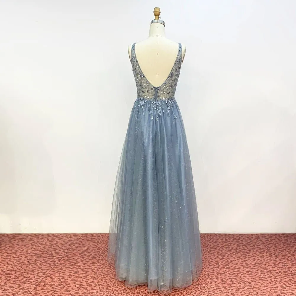 Deep V-Neck Tulle Crystal Formal Gown with Sequin Embellishments