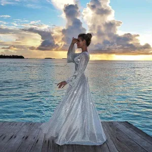 Deep-V Sexy Long Sleeve Sequins Evening Gown