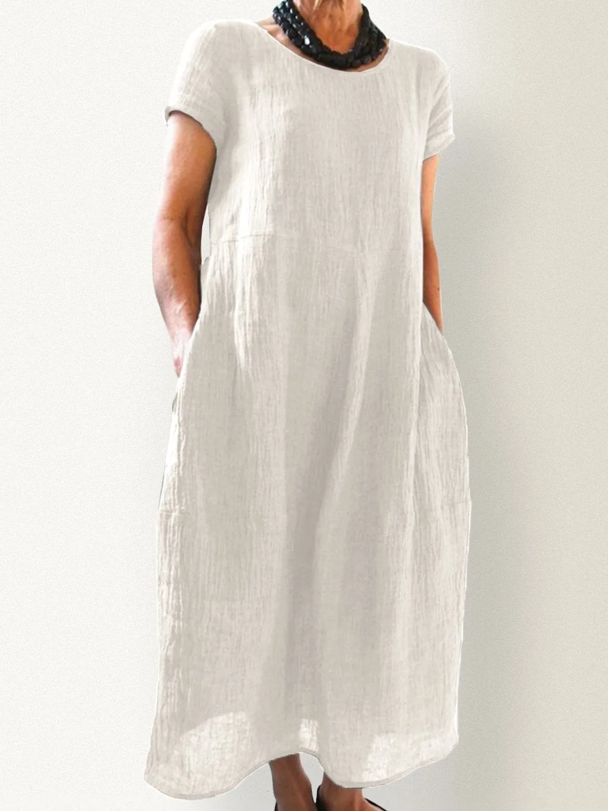 Dunnmall Casual Pockets Round Neck Solid Casualdress