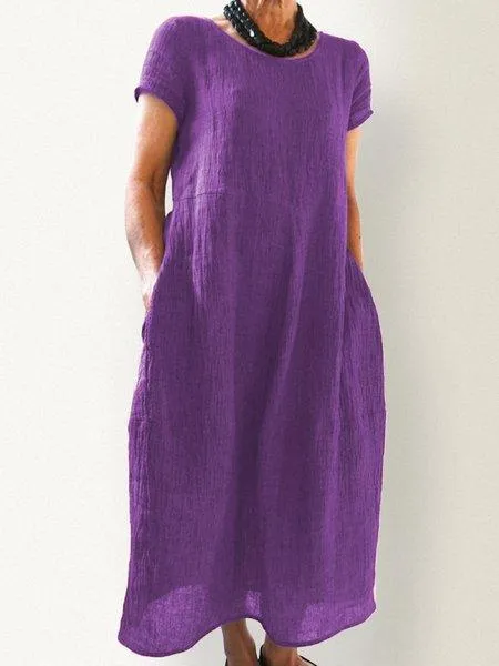 Dunnmall Casual Pockets Round Neck Solid Casualdress