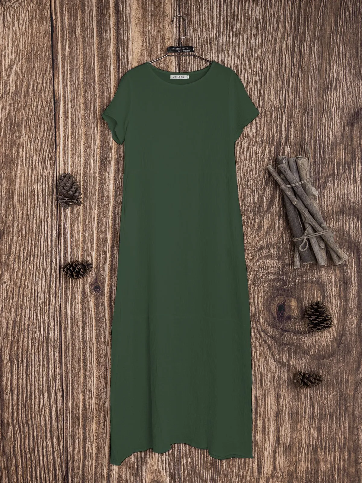 Dunnmall Casual Pockets Round Neck Solid Casualdress