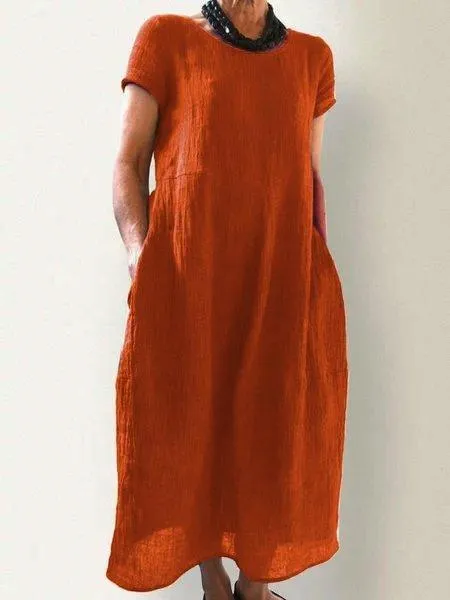 Dunnmall Casual Pockets Round Neck Solid Casualdress