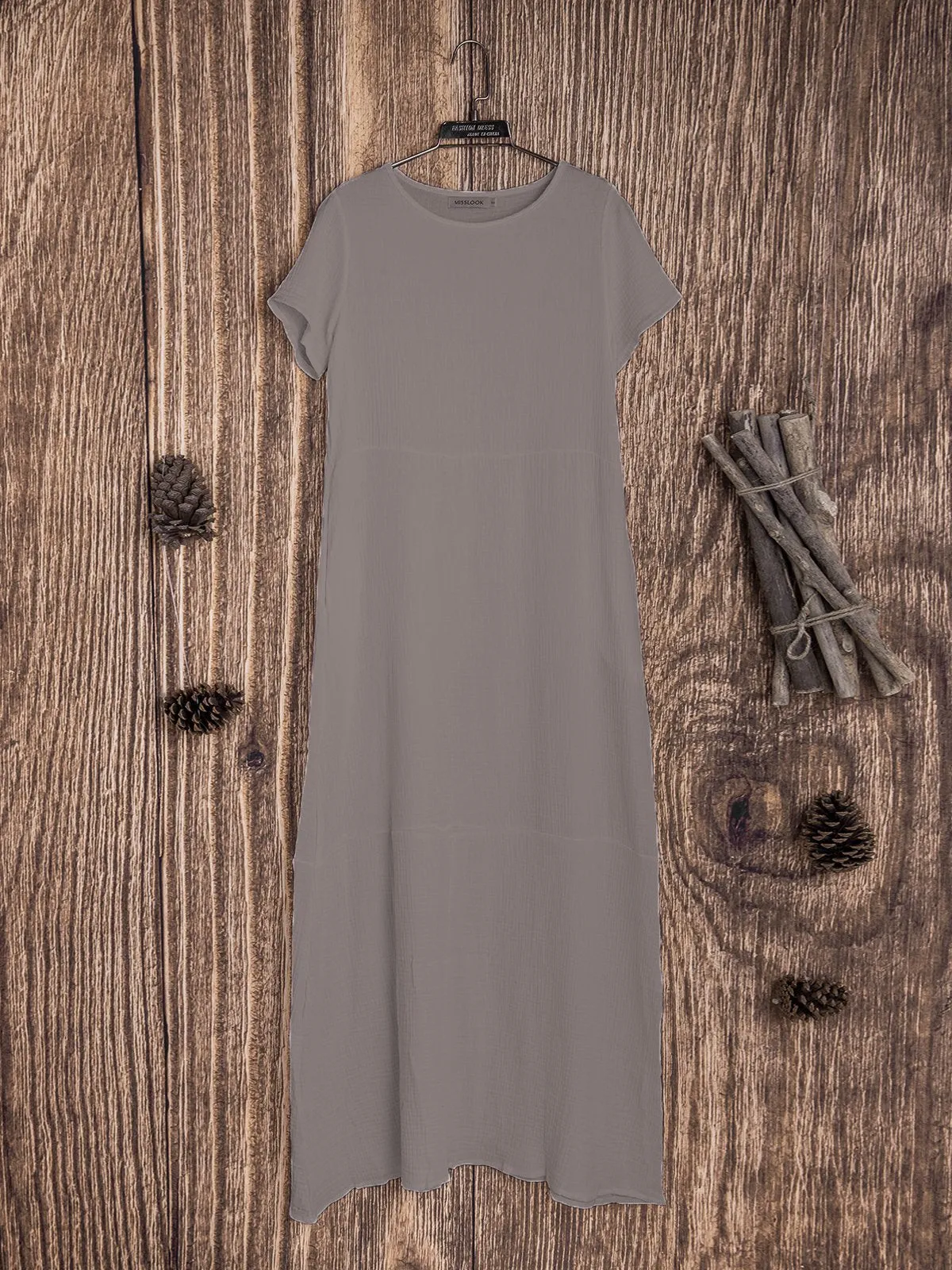 Dunnmall Casual Pockets Round Neck Solid Casualdress