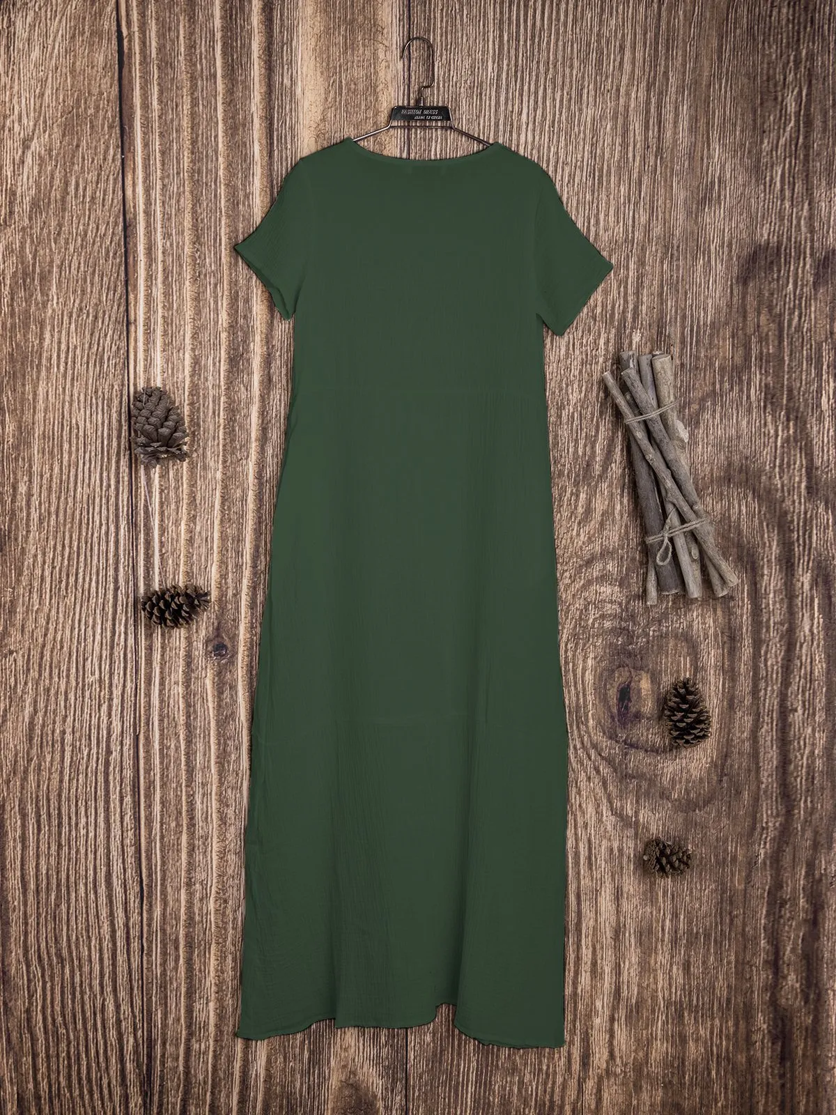 Dunnmall Casual Pockets Round Neck Solid Casualdress