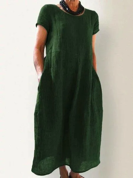 Dunnmall Casual Pockets Round Neck Solid Casualdress