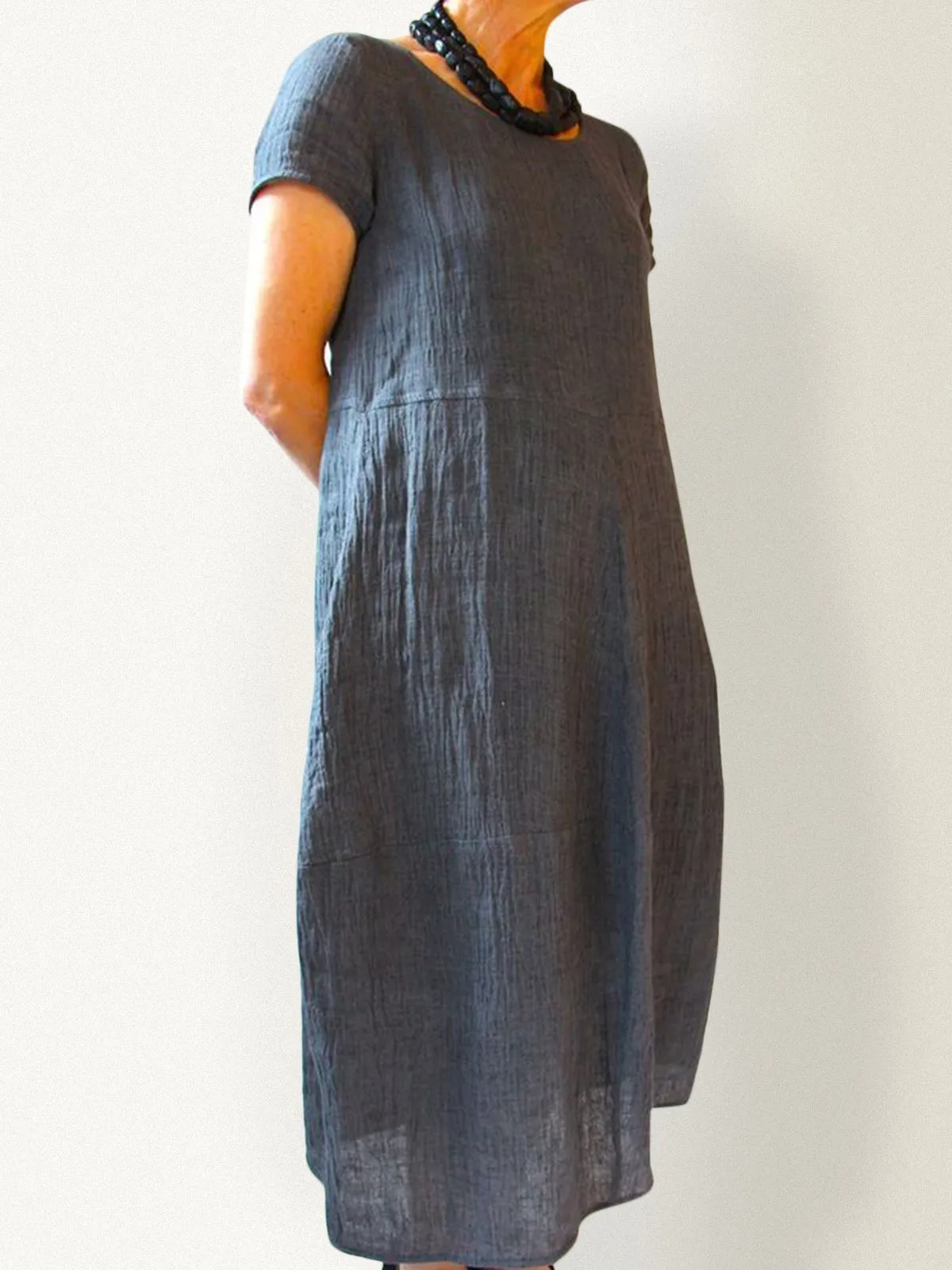 Dunnmall Casual Pockets Round Neck Solid Casualdress