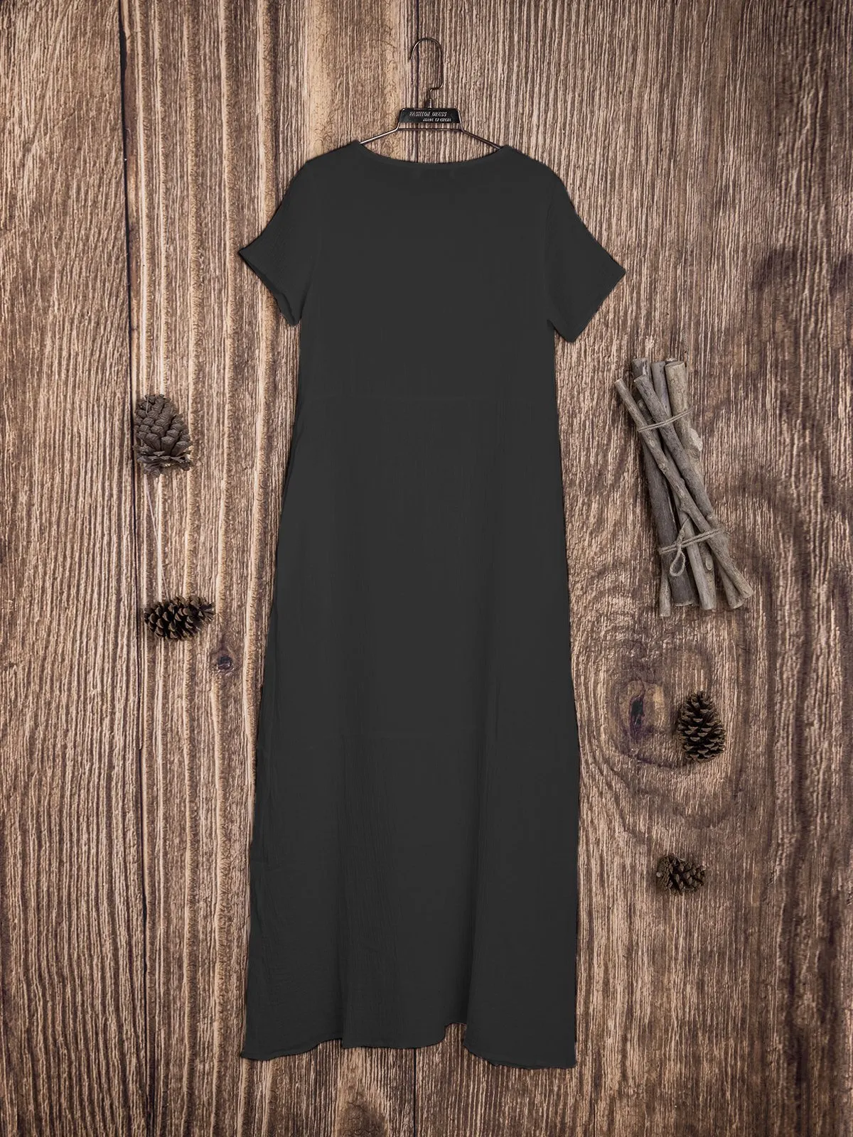 Dunnmall Casual Pockets Round Neck Solid Casualdress