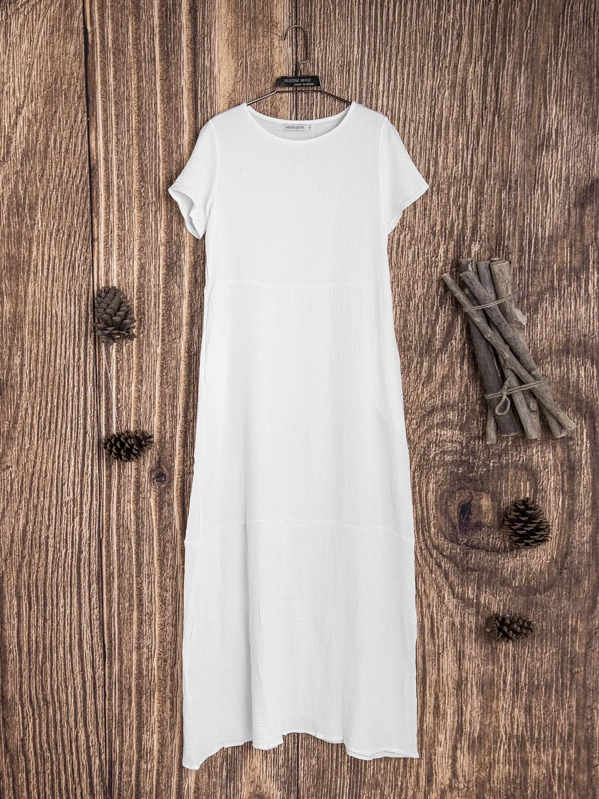 Dunnmall Casual Pockets Round Neck Solid Casualdress