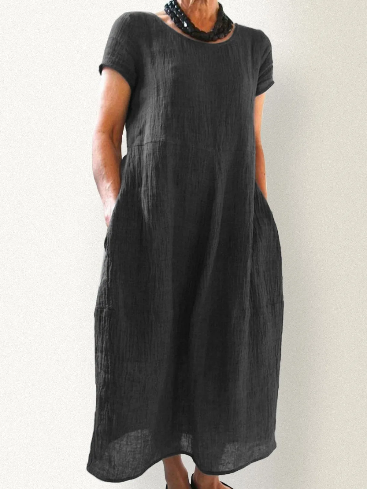 Dunnmall Casual Pockets Round Neck Solid Casualdress
