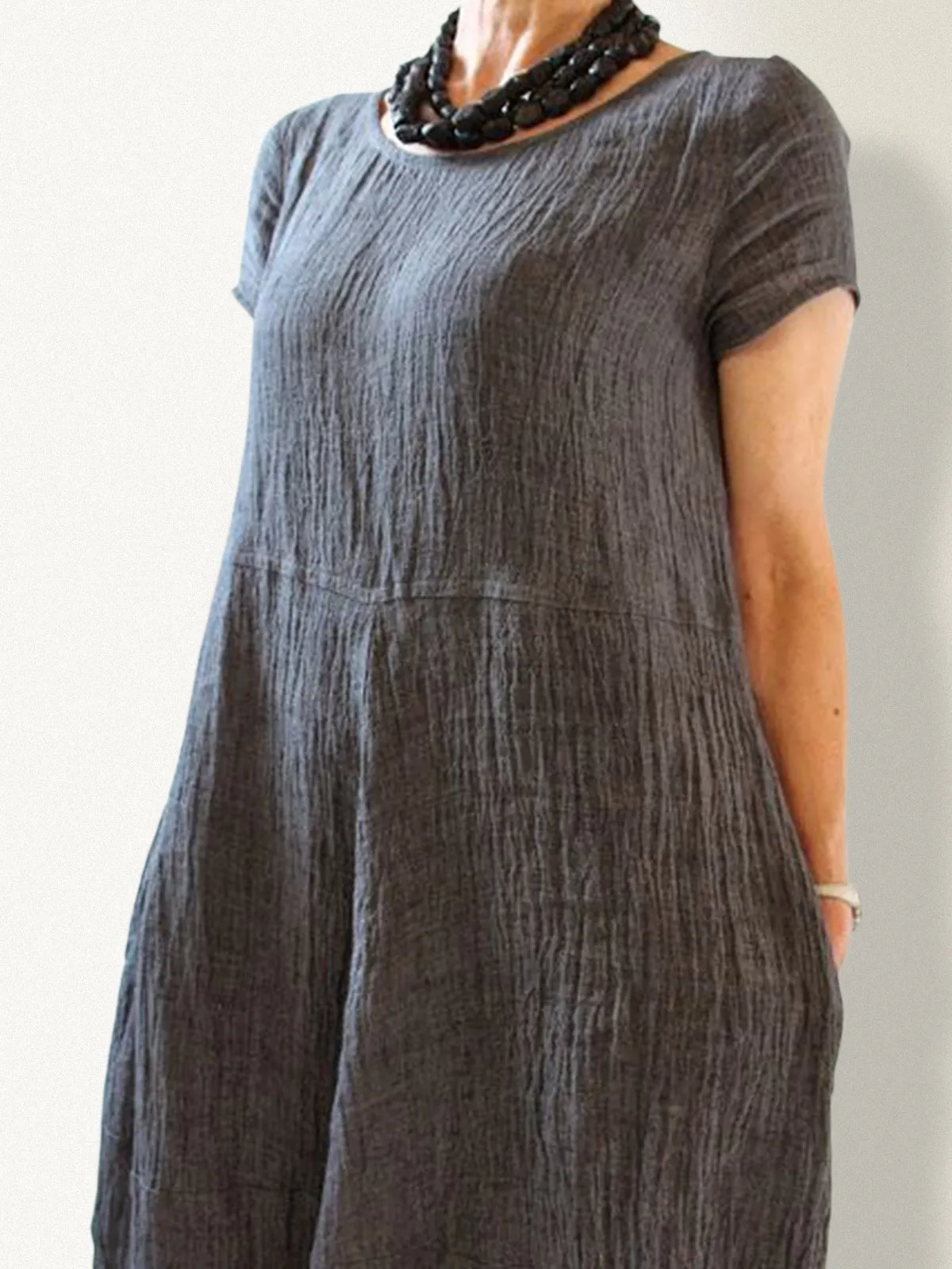 Dunnmall Casual Pockets Round Neck Solid Casualdress