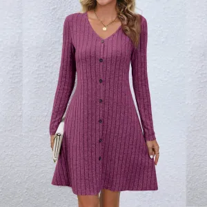 Fashion Gentle Chic Vintage Solid Color Long Sleeve Button Knitted Casual Elegant Dress