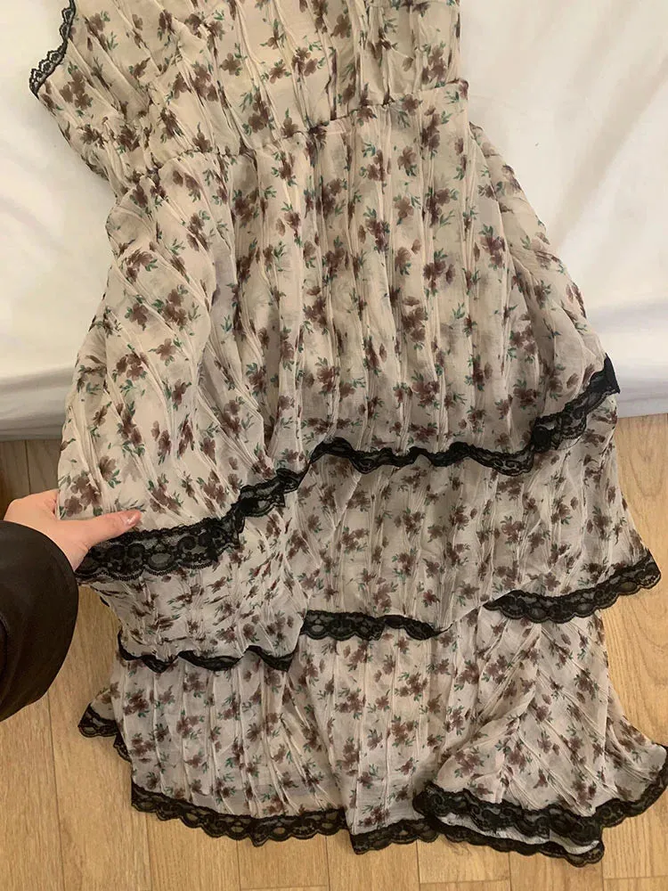 Girlary Beach Vacation Print Sundress Fashion A-Line Dress Y2K Streetwear Classical Beige Spaghetti Strap Dress Sleeveless Temperament