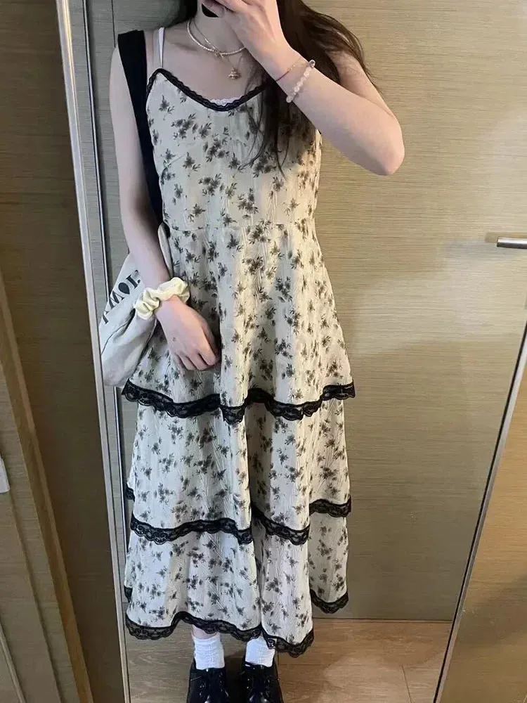 Girlary Beach Vacation Print Sundress Fashion A-Line Dress Y2K Streetwear Classical Beige Spaghetti Strap Dress Sleeveless Temperament