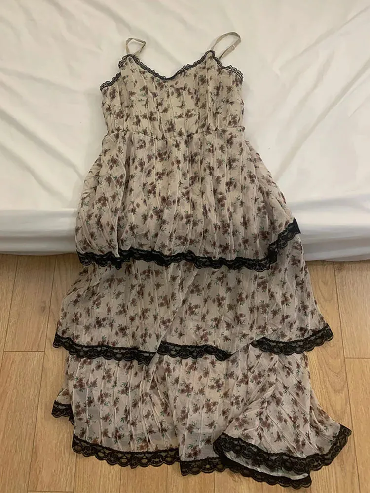 Girlary Beach Vacation Print Sundress Fashion A-Line Dress Y2K Streetwear Classical Beige Spaghetti Strap Dress Sleeveless Temperament