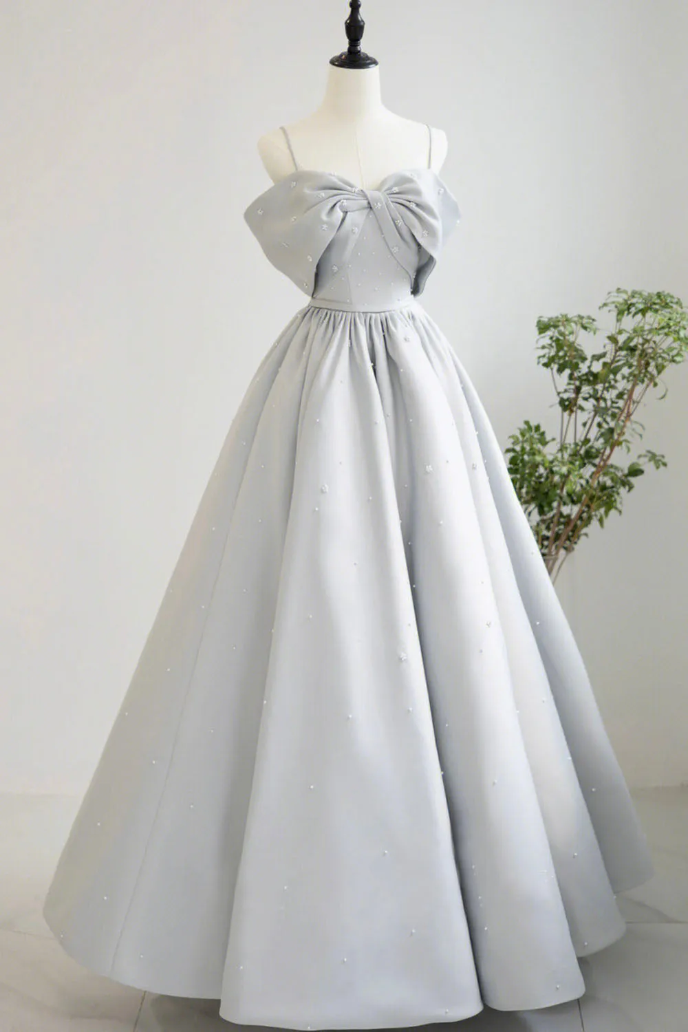Gray Satin Long A-Line Prom Dress Off the Shoulder Evening Dress with Pearls