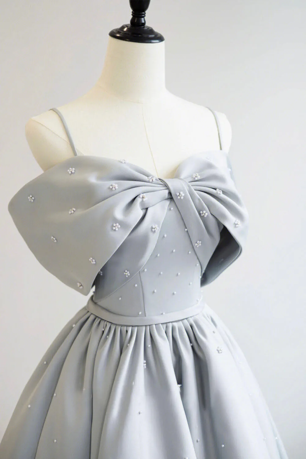 Gray Satin Long A-Line Prom Dress Off the Shoulder Evening Dress with Pearls