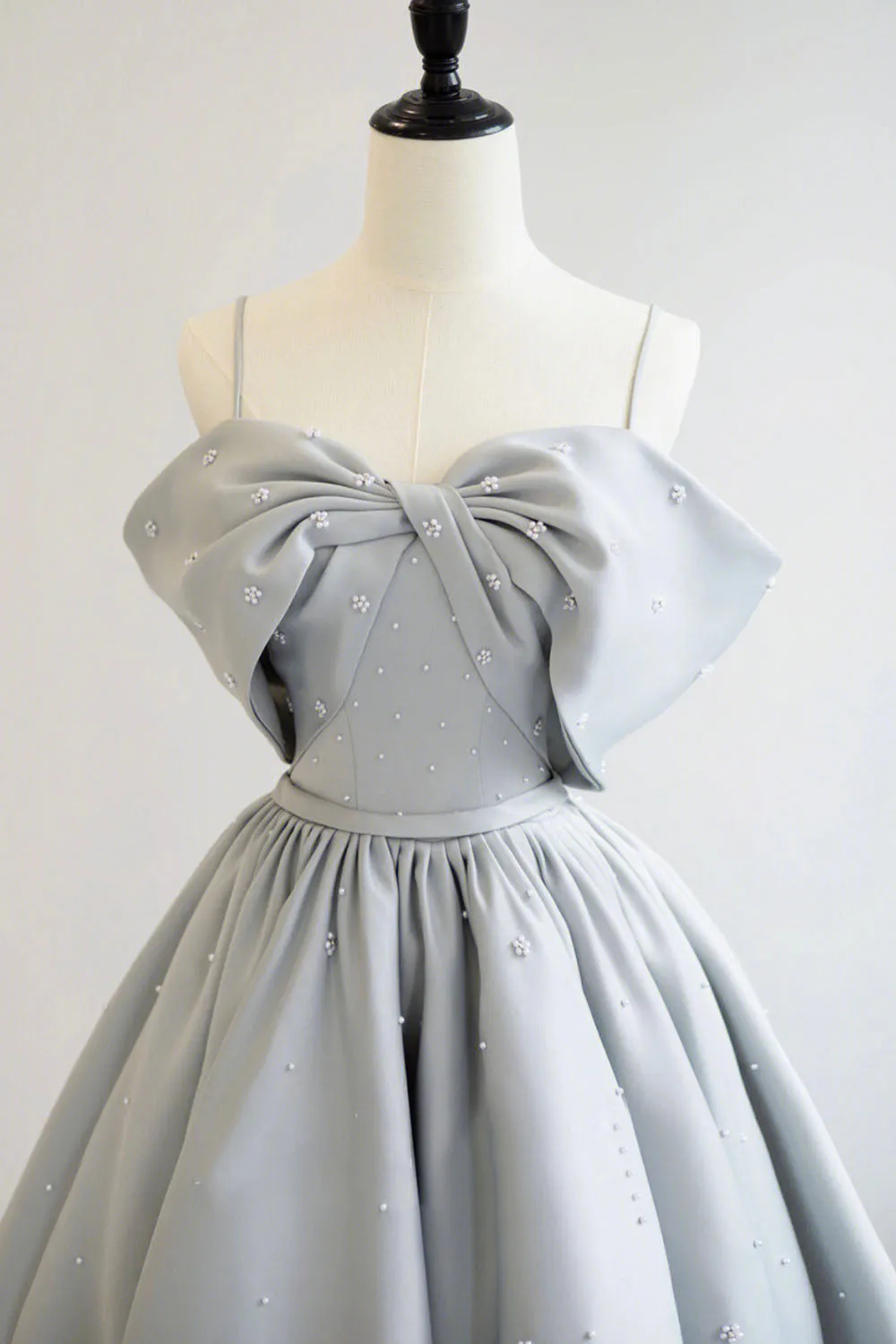 Gray Satin Long A-Line Prom Dress Off the Shoulder Evening Dress with Pearls