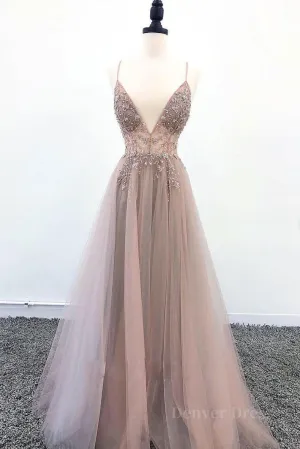 kamahe Champagne v neck tulle long prom dress, champagne evening dress