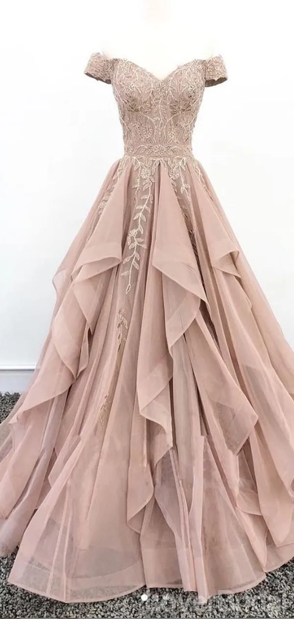 kamahe Off Shoulder Dusty Champagne Lace Long Evening Prom Dresses, Evening Party Prom Dresses