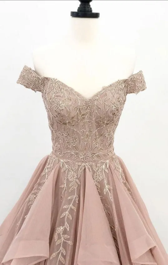 kamahe Off Shoulder Dusty Champagne Lace Long Evening Prom Dresses, Evening Party Prom Dresses