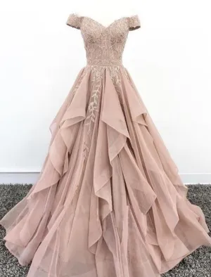 kamahe Off Shoulder Dusty Champagne Lace Long Evening Prom Dresses, Evening Party Prom Dresses