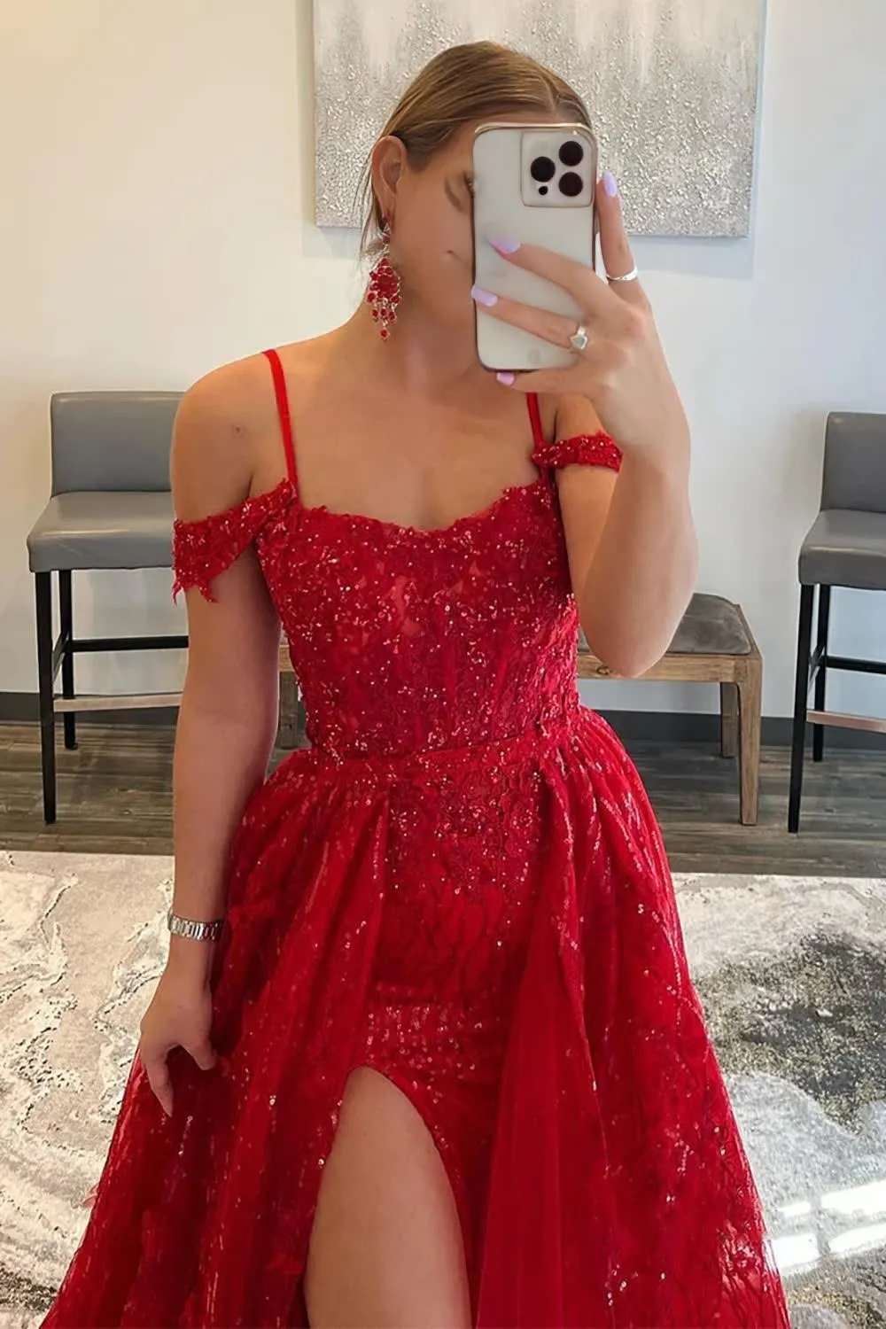 kamahe Red Sparkly Detachable Train Sequins Long Prom Dress with Slit Formal Evening Dresses